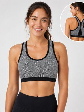 Zobha Geo Chevron Sports Bra NWT Medium Impact Black White Racerback M